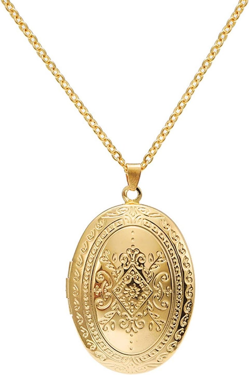 SCRDPRAD Vintage Engraved Flower Empaistic Photo Locket Hold Picture Oval Round Pendant Necklace Antique Carved Pattern Souvenir Memorial Clavicle Sweet Jewelry for Women - Image 1